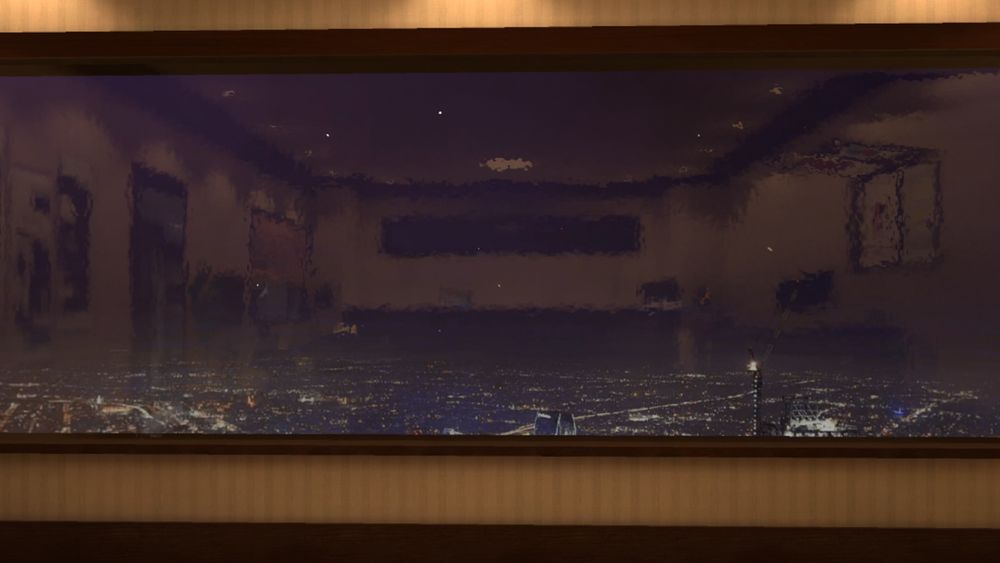 In a VRChat world showing a window with a view of a city.