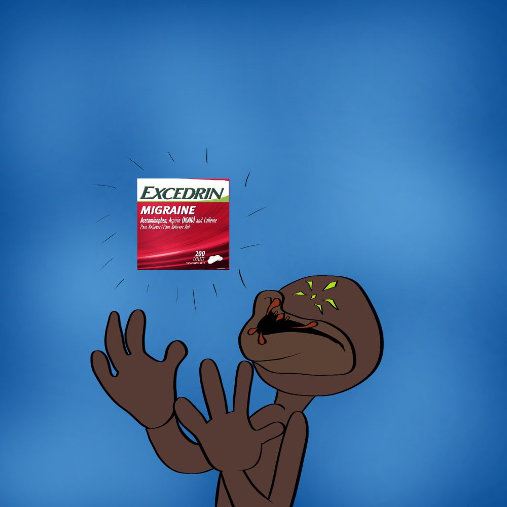 A drawover of the old Sonic "BEHOLD" meme featuring Weaver staring at a box of Excedrin migraine medicine in awe.