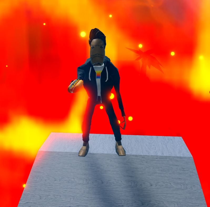 roblox avatar of a star wars battle droid in a black hoodie with white undershirt, black pants, and side-parted hair holding out a hotdog in an offering gesture while an inferno blazes just behind him