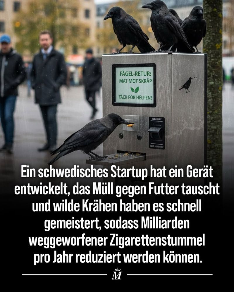 Ein schwedisches Startup hat ein Gerät entwickelt, das Müll gegen Futter tauscht und wilde Krähen haben es schnell gemeistert, sodass Milliarden weggeworfener Zigarettenstummel pro Jahr reduziert werden können.