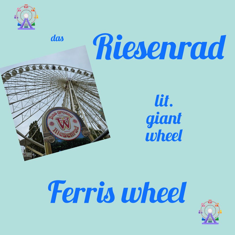 Illustration of the German word 'das Riesenrad', literally 'giant wheel', meaning 'Ferris wheel'.