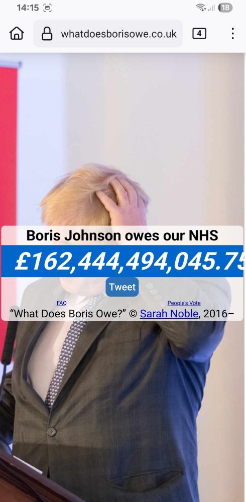 Screenshot of website with online counter showing Boris Johnson owes our NHS
£162,444,494,045.75
At 2:16pm (German time).