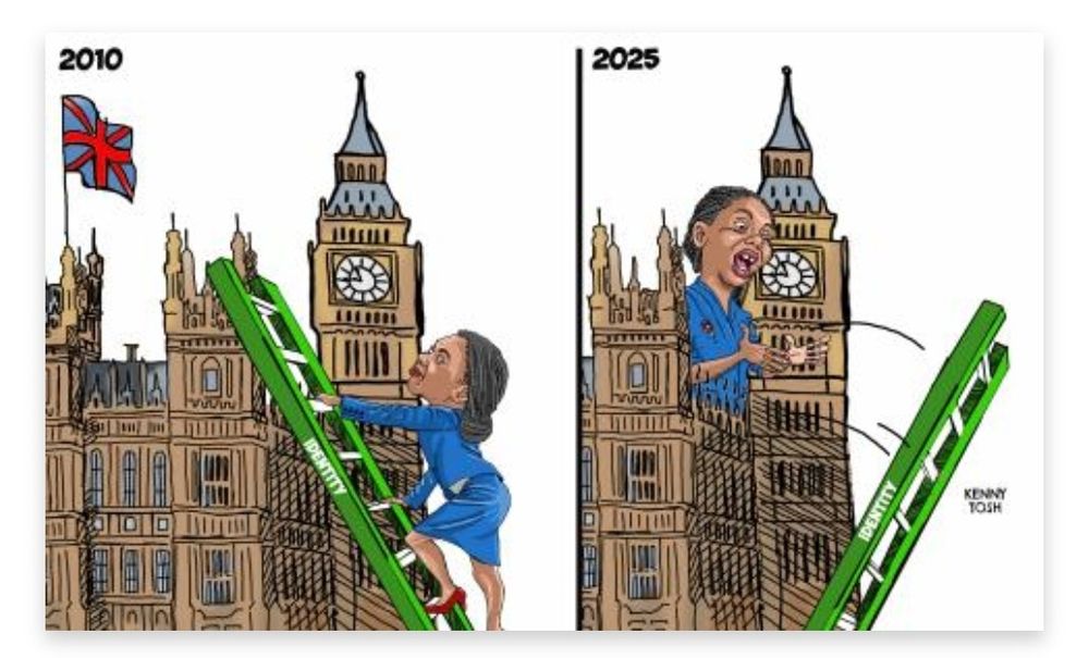 2 panels: 

Westminster. Badenoch climbing to its top via a ladder that says 'Identity'.

Arrived at the top, she pushes it away.