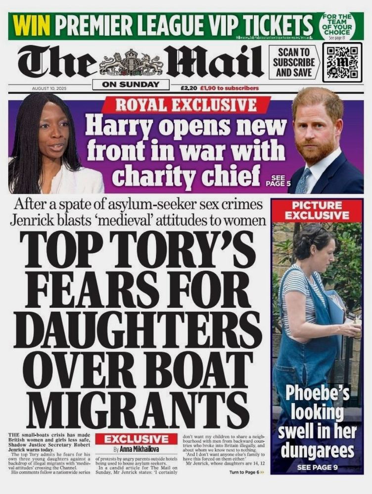 Headline in today's Mail on Sunday:

After a spate of asylum-seeker sex crimes Jenrick blasts 'medieval' attitudes to women

TOP TORY'S FEARS FOR DAUGHTERS OVER BOAT MIGRANTS