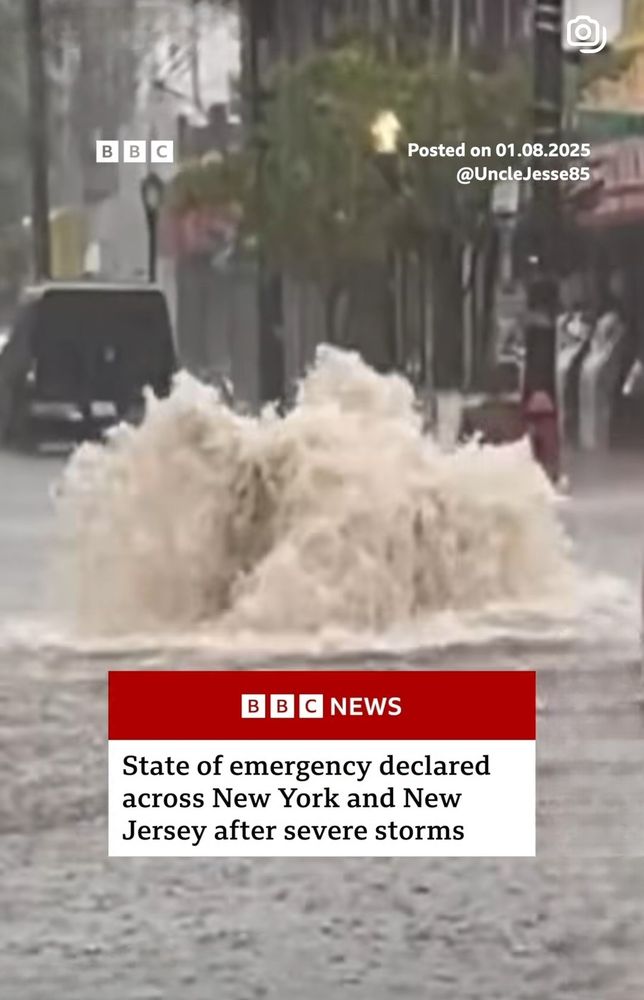 Screenshot of BBC Instagram film showing flooded streets and a drain from which water gushes as though it was a fountain. Showing this week's storm damage in New York City. 