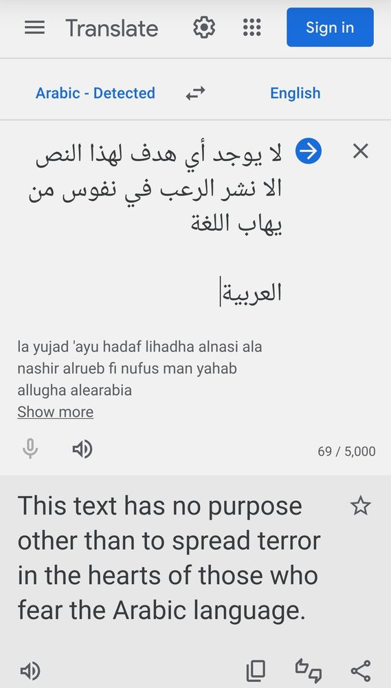 Screenshot of an online translation of the bags text into English. 