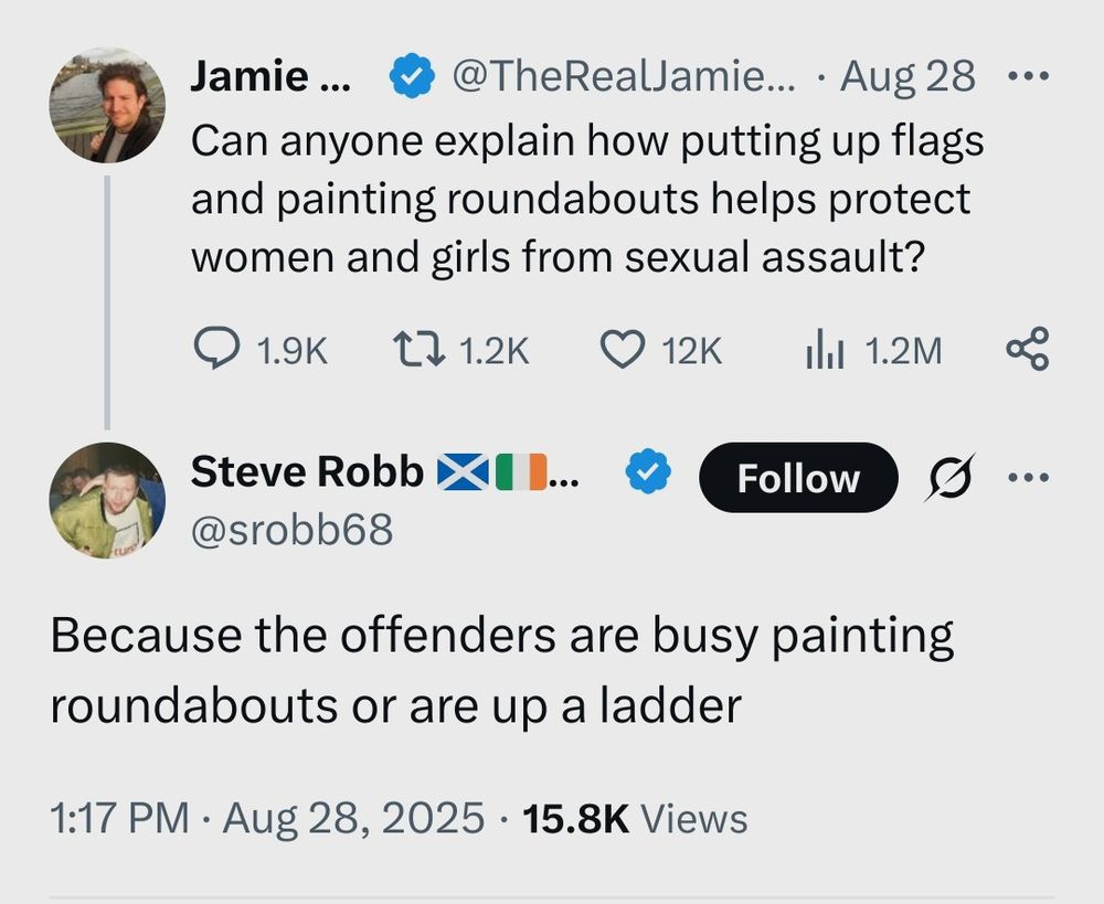 Jamie Kay tweets on X: Can anyone explain how putting up flags and painting roundabouts helps protect women and girls from sexual assault? Steve Robb answers: Because the offenders are busy painting roundabouts or are up a ladder Aug 28, 2025.