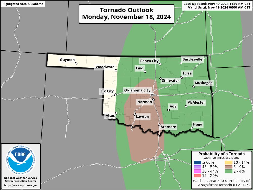 The 06z Day 1 Tornado Outlook issued by the Storm Prediction Center valid for 11/18/24.