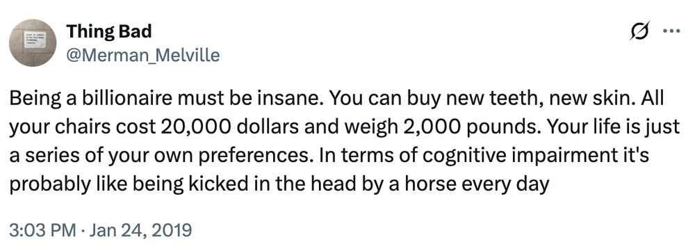 A tweet that reads: Being a billionaire must be insane. You can buy new teeth, new skin. All your chairs cost 20,000 dollars and weigh 2,000 pounds. Your life is just a series of your own preferences. In terms of cognitive impairment it's probably like being kicked in the head by a horse every day