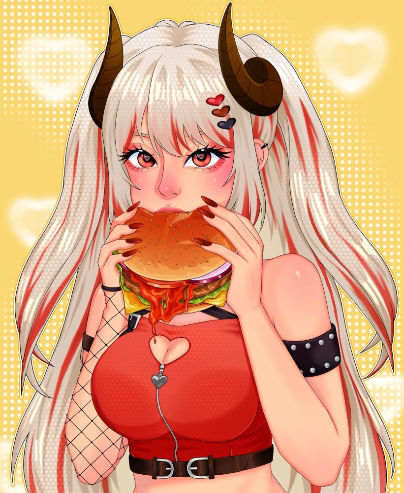 Baela Beelzebub eating a juicy hamburger dripping with ketchup. 