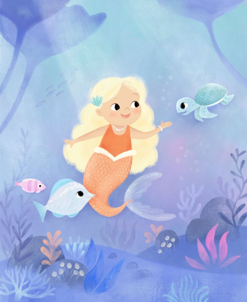 A mermaid greets her turtle friend deep in the ocean.