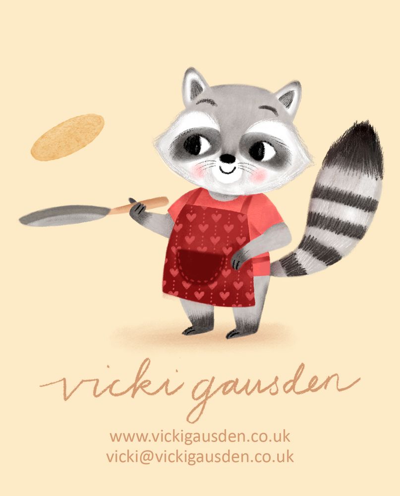 A little raccoon wearing a heart-dotted apron is tossing a pancake. 