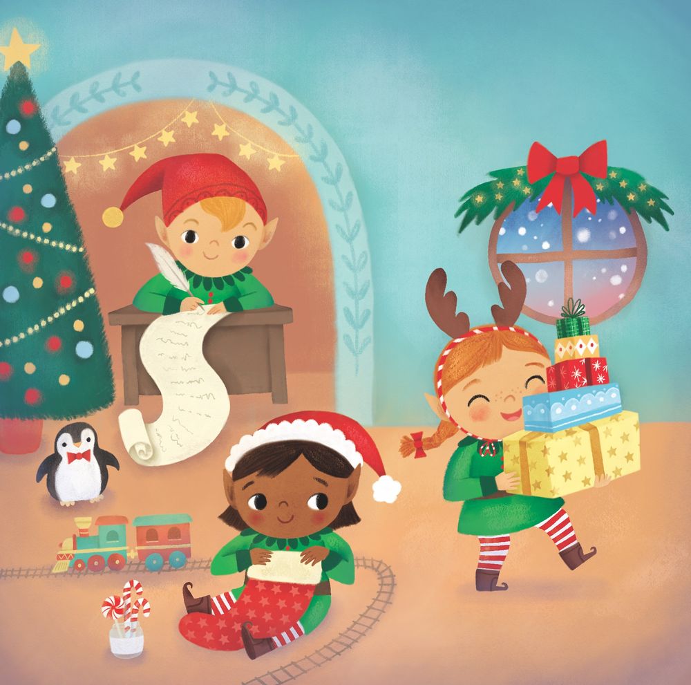 Three little elves are merrily wrapping gifts, stuffing stockings and checking off lists! 