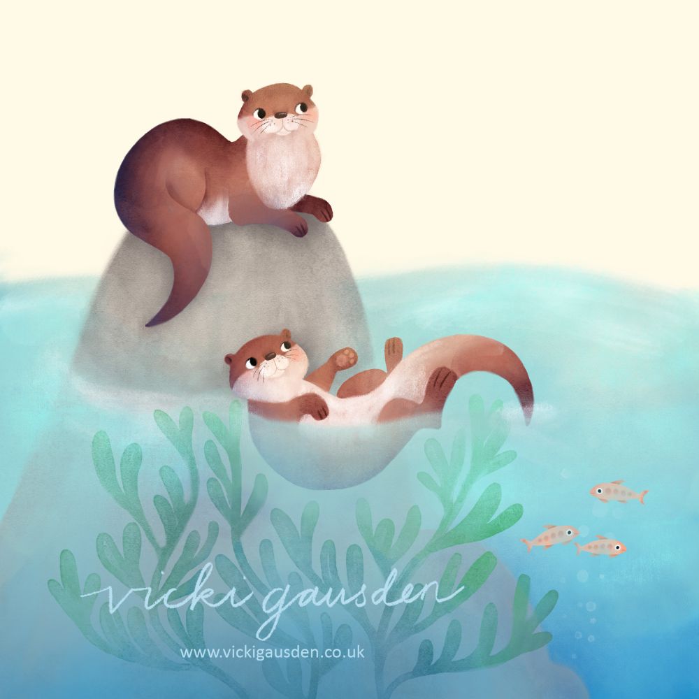 An otter sits on a rock whilst another frolics in the sea. In the water below tiny fish hide in the swaying seaweed. 