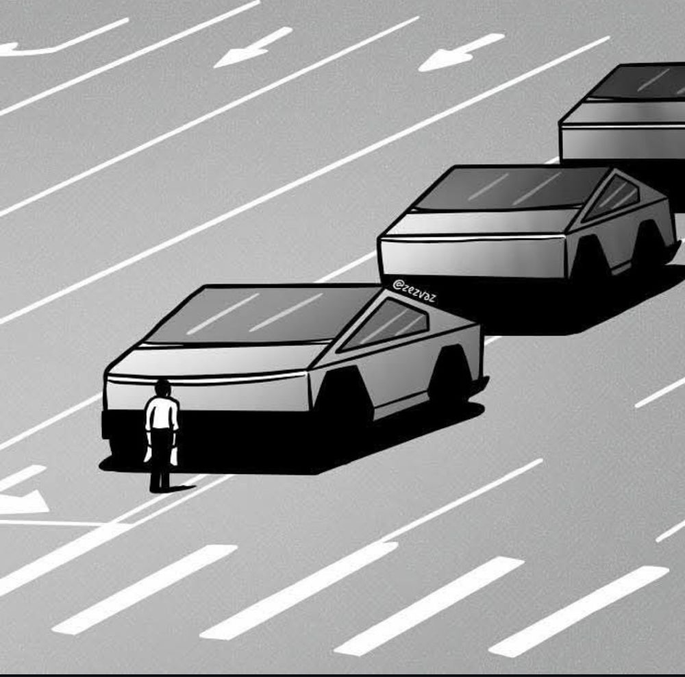 This illustration is a play on the famous “Tank Man” photo from the Tiananmen Square protests, where a lone protester stood in front of a line of military tanks. In this version, the tanks are replaced with Tesla Cybertrucks.