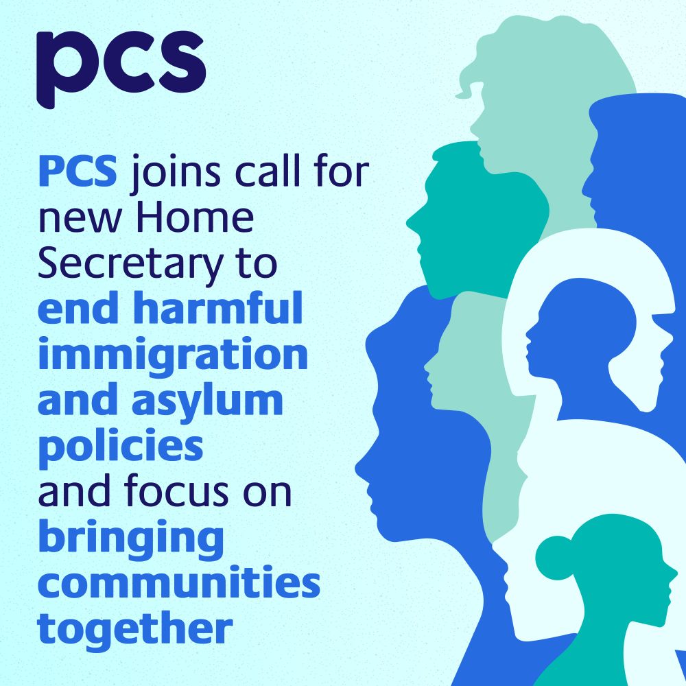 The image shows heads in profile in different shades of blue and green alongside the words PCS joins call for new home secretary to end harmful immigration and asylum policies and focus on bringing communities together.
