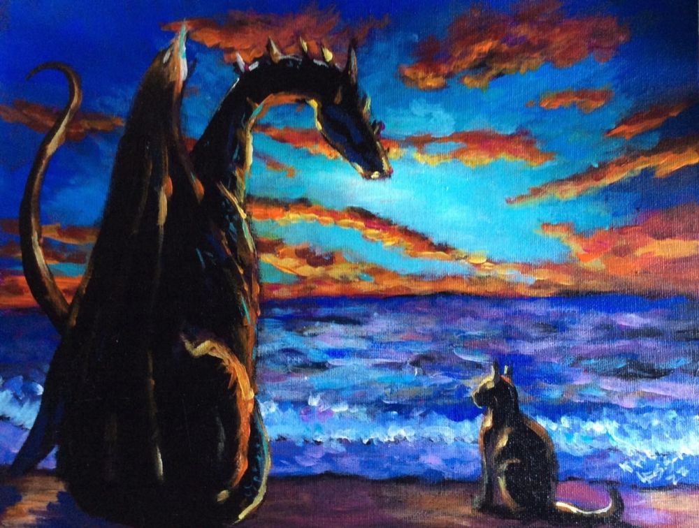 a painting of a dragon and a cat watching a sunset on a beach