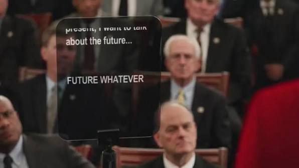 still from Veep with a teleprompter that says “FUTURE WHATEVER”