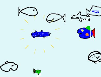 A snapshot from the drawafish website with various scrappily drawn 8-bit fish. Highlighted in the centre is a blue fish with some odd fin placement that might excite a marine biologist.