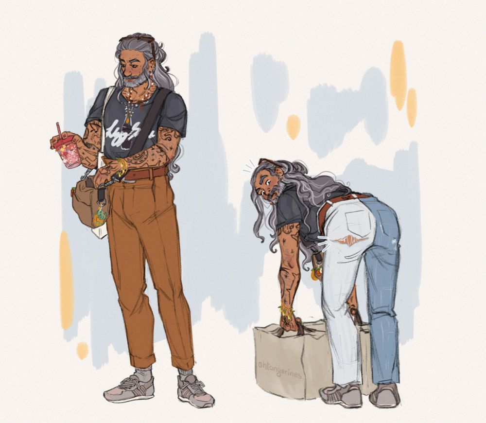 Two sketches of modern day version of Ed. 
In the first one, Ed is wearing a dark grey wash tshirt with a soda graphic tucked into a pair of caramel coloured pleated pants. His socks and sneakers are grey with greyish pink details. He has accessorized with mottled brown sunglasses, a pearl and warm coloured beads necklace, a gold necklace, several piercings, macaron earrings, bracelets with lemons and pink nail polish. Ed carries a crossbody bag full of charms, and he's reaching into it with his left hand. He's holding a we bare bears sparkly drinking cup on his right hand.

The second sketch is Ed in the same outfits, but the pants are a pair of dual coloured jeans. Ed's body is turned away as he leans down to pick up grocery bags, and he's peeking over his shoulder in surprise because his jeans have just ripped right across his left buttcheek.