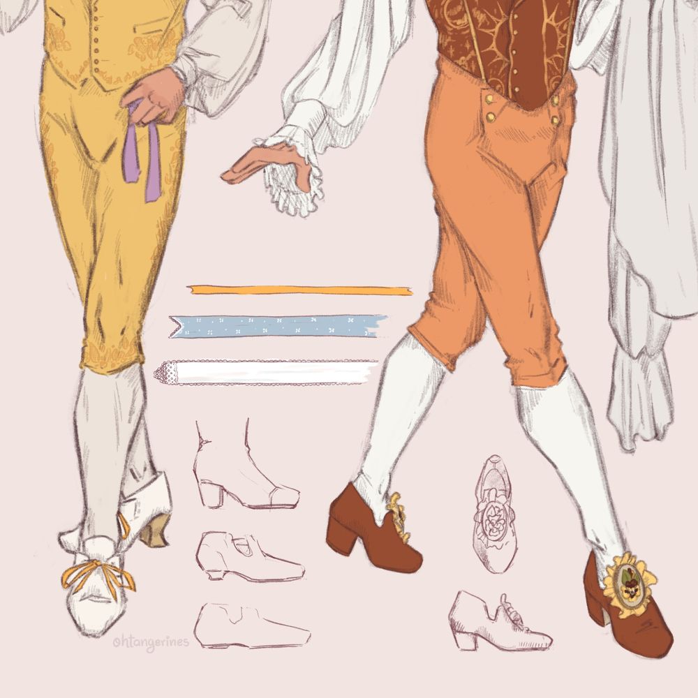 Sketches of Stede's lower torso and legs in two outfits, with some details about ribbons and shoes doodled around them.
First sketch has Stede wearing pastel yellow breeches and vest with cream stockings and white shoes adorned with matching yellow ribbons.
Second sketch has Stede wearing burnt orange vest and heels with pastel orange breeches, white stockings and pansy flower details on the shoes.