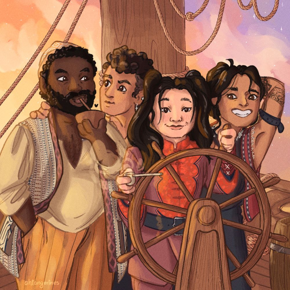 Chibi doodle of garlicsoup sailing off into the sunset with cheeky smiles and heart eyes.
Oluwande is on the left, sipping a fruity sweet drink, right hand resting in his pocket and smiling at Jim. 
Jim stands behind Olu and Zheng, their hand resting on Olu's neck and their head slightly leaning onto Zheng's, as they pucker they lips in a cheeky kiss/sipping drink imitation. A little love heart hovers between them.
Zhen is navigating the wheel, right hand resting on one of the handles while holding a softly smoking pipe. She's smiling at her partners antics.
Archie is leaning over at Zheng's left, with a smug smile as she oh so casually shows off her biceps for Zheng.

The sky is a gradient of warm sunset colours, from soft yellow to warm lavender, speckled with sparkling stars and fluffy clouds.
