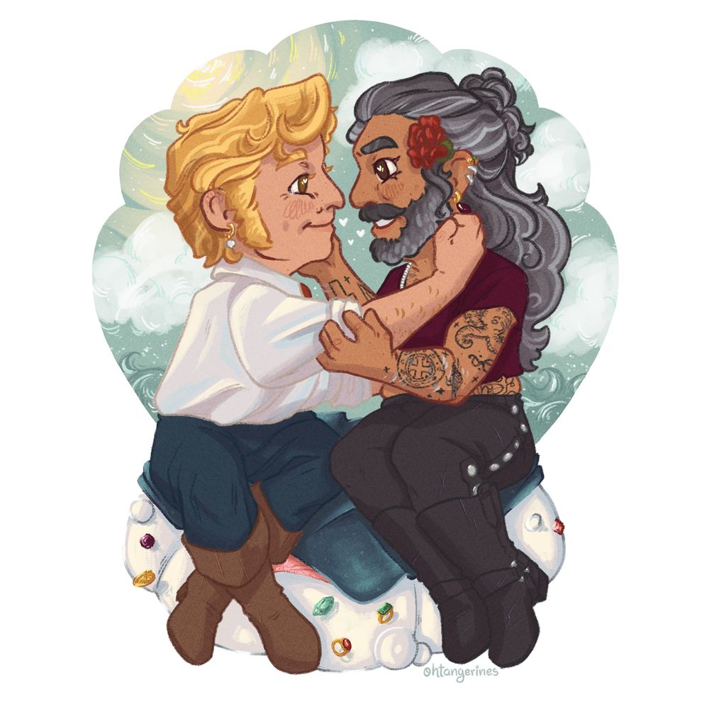 Chibi doodle of Ed and Stede cuddling and sitting on a seashell speckled with glittering rings and jewels. They are framed by a seashell shaped background, the sea with sun and clouds drawn in it.

They're smiling gently at each other. Stede has an arm around Ed's waist, his other hand reaching up to Ed's neck after placing a rose on his hair. Ed is holding Stede's reaching arm, his other hand touching Stede's cheek. 