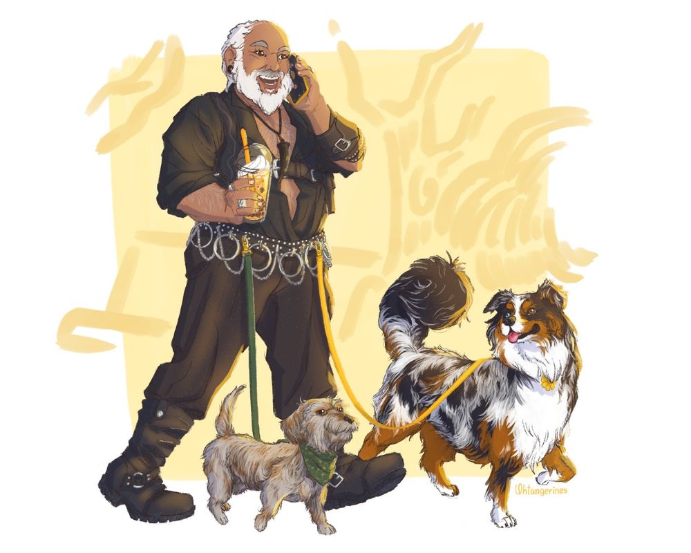 Digital illustration of one of my modern OFMD AU's - Fang is taking a stroll with his precious dogs Coco and Queen Anne, a grey Wirehaired Dachsund and an Australian Shepperd. In the composition they are walking towards the right of the frame. The background has a couple of rough shaped sketches in soft yellow of a tree trunk, bushes and a bench.

Fang carries a peach bubble tea on his right hand and hold his phone to his left ear, smiling as he talks. Coco walks primly by Fang's right side, looking at the viewer, while Queen struts by his left side with a delighted expression.