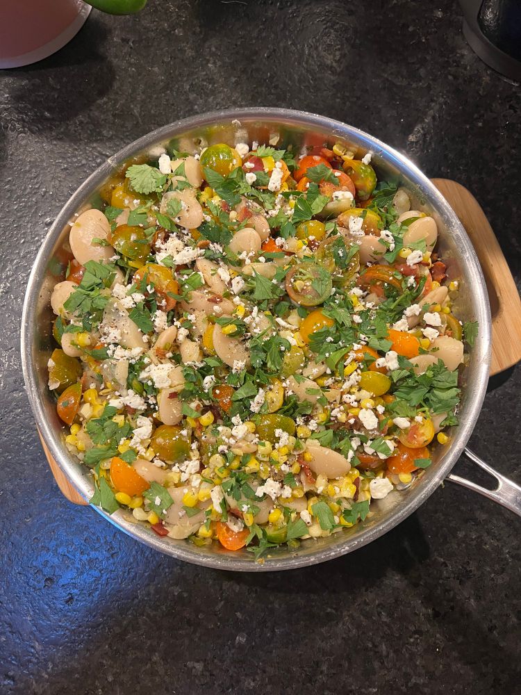 Yummy yummy succotash dinner last night with Rancho Gordo Bean Club Large Lima Beans, Trader Joe’s heirloom grape tomatoes and fresh corn kernels (plus minced onion, minced jalapeno) garnished with RG pineapple vinegar, cilantro, flat leaf parsley and cotijo cheese