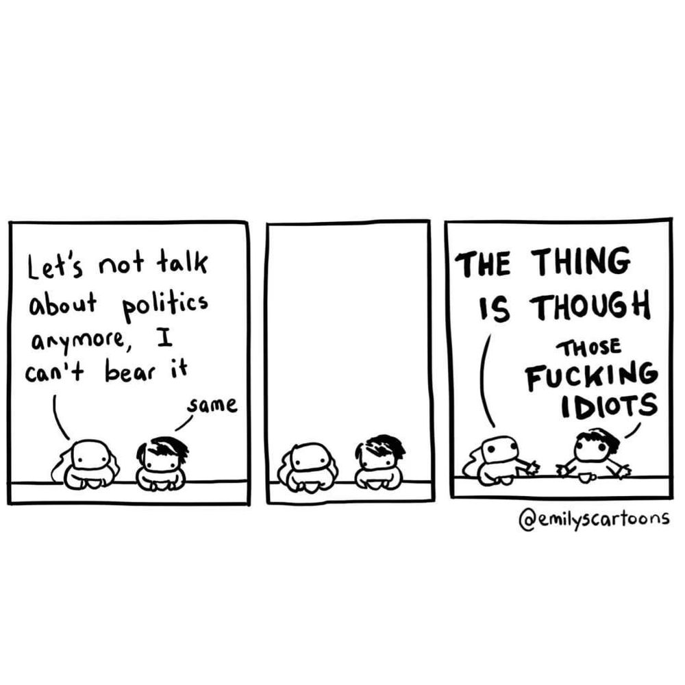 cartoon by emily mcgovern, two people sat at a table. Person 1: "let's not talk about politics anymore, I can't bear it". Person 2: "same". Pause. Person 1: "THE THING IS THOUGH". Person 2: "THOSE FUCKING IDIOTS"