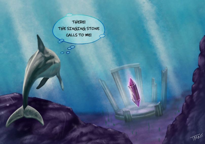 Ecco swimming towards a glyph. Speech bubble: There! The singing stone calls to me!
