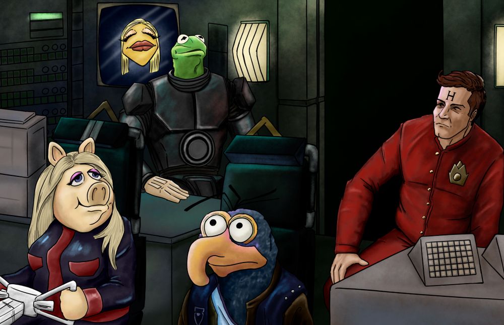 A drawing of the cockpit of Starbug, the Red Dwarf crew are at their stations. Lister is Gonzo. Cat is Miss Piggy. Kryten is Kermit. Holly is Janice. Rimmer is human.