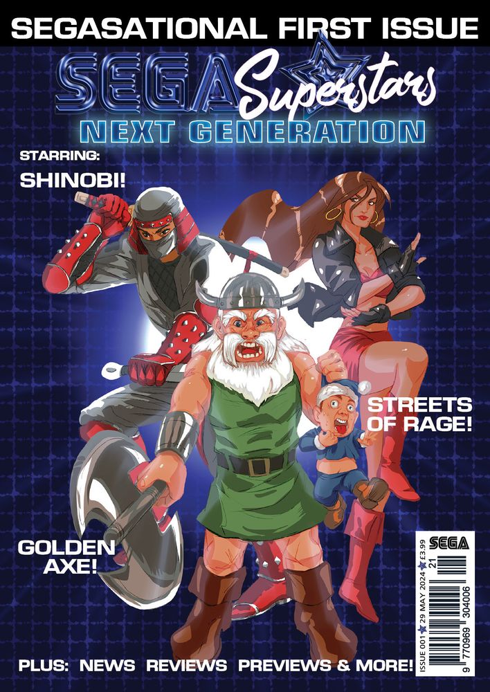 The cover of SEGA Superstars issue 1. Joe Musashi, Gilius Thunderhead, and Blaze Fielding pose dynamically on a blue background with grid squares.