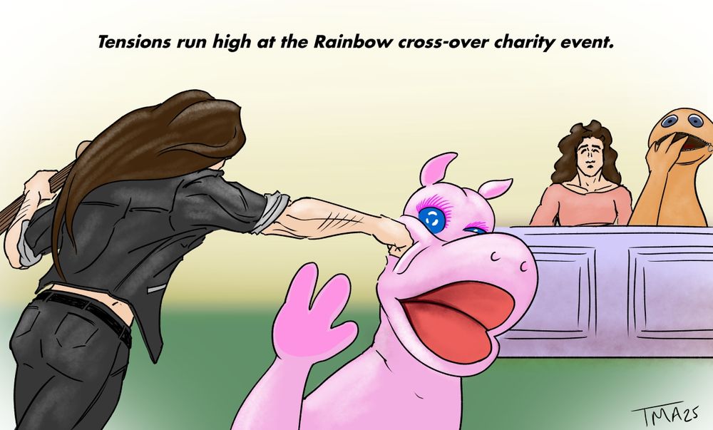 Blackmore punches George in the face. Zippy and Dio look on aghast. Text: Tensions run high at the Rainbow cross-over charity event.