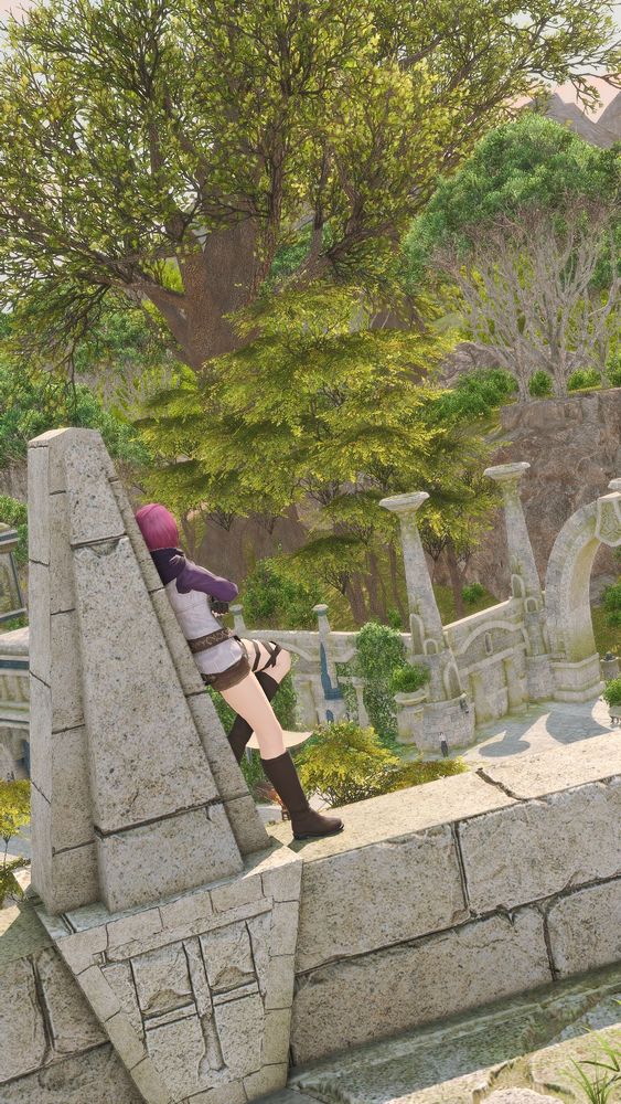 The same character sits back against a stone structure, overlooking ancient ruins and tall trees, enjoying a panoramic view of the landscape.