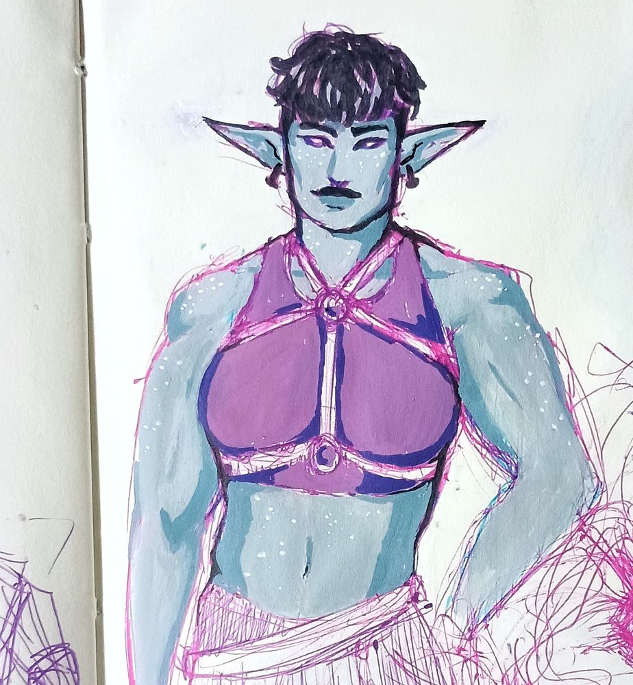 Pintura de meio corpo de uma elfa das sombras musculosa, de cabelo curto e escuro. 