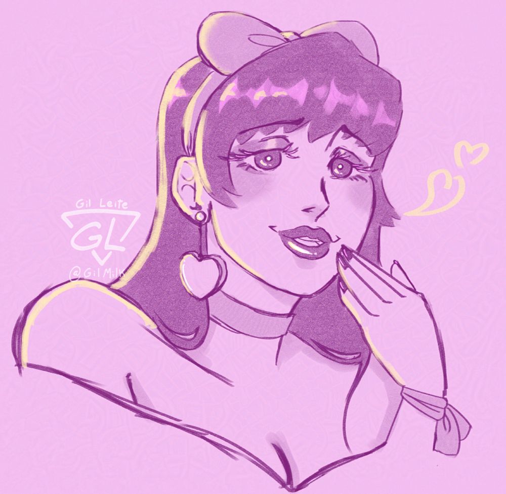 Retrato em tons rosas de uma mulher sorrindo com a mão próxima a boca, fazendo menção a um leve riso. Ela veste um laço na cabeça e no pulso, assim como um brinco de coração e pérola em sua orelha. #BRart #Art #OC #Sketch #Rascunho