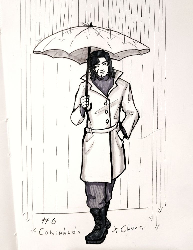 Um homem agasalhado segurando um guarda-chuva, caminhando para frente enquanto pingos de chuva cercam o desenho. #BRart #Art #Inktober2024 #Inktober #Koralletober #Koralletober2024