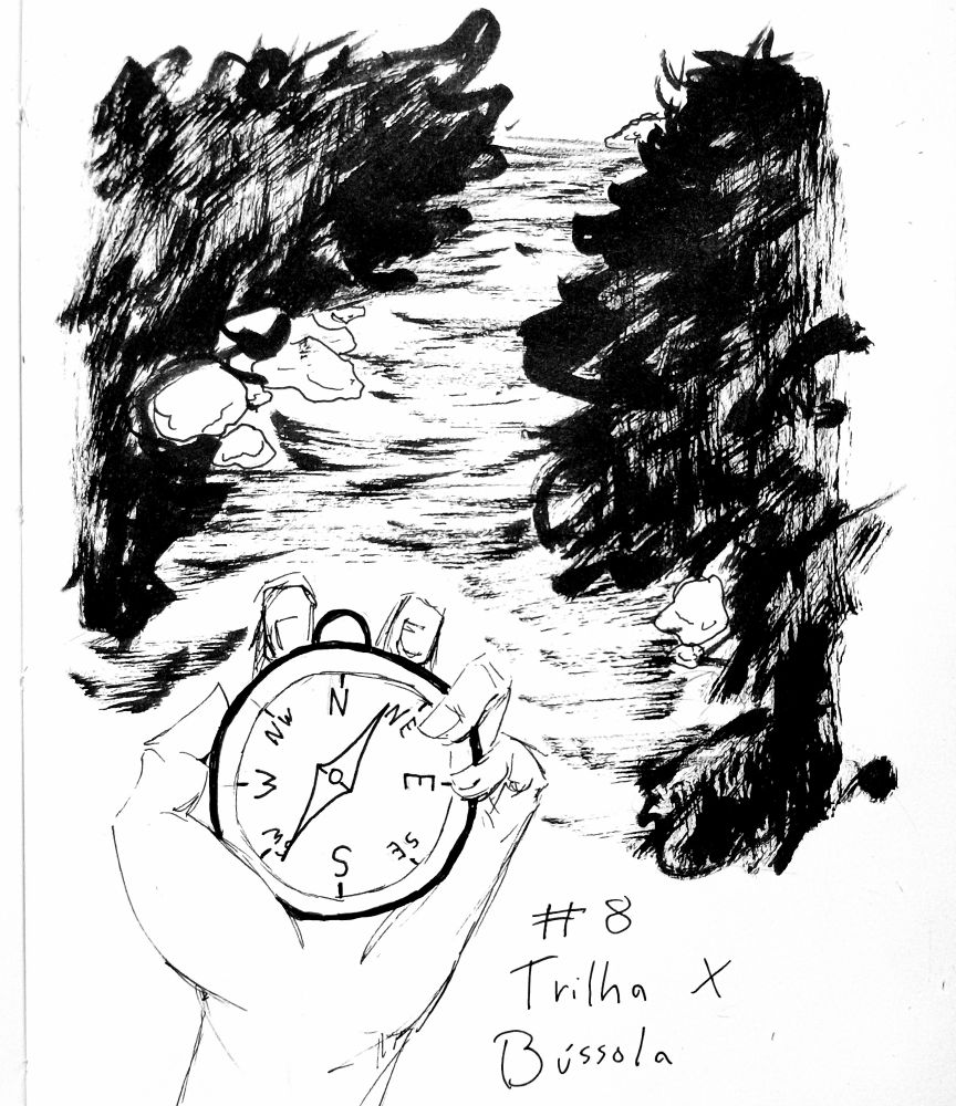 Mão segurando uma bússola, em frente de uma trilha feita por pinceladas secas de tinta preta. #BRart #Art #Inktober2024 #Inktober #Koralletober #Koralletober2024