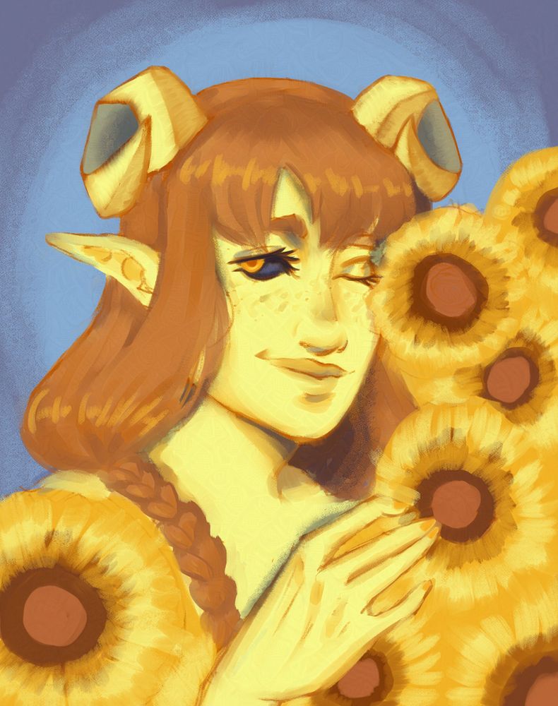 retrato de tiefling amarela sorrindo com girassóis #art #supportartists