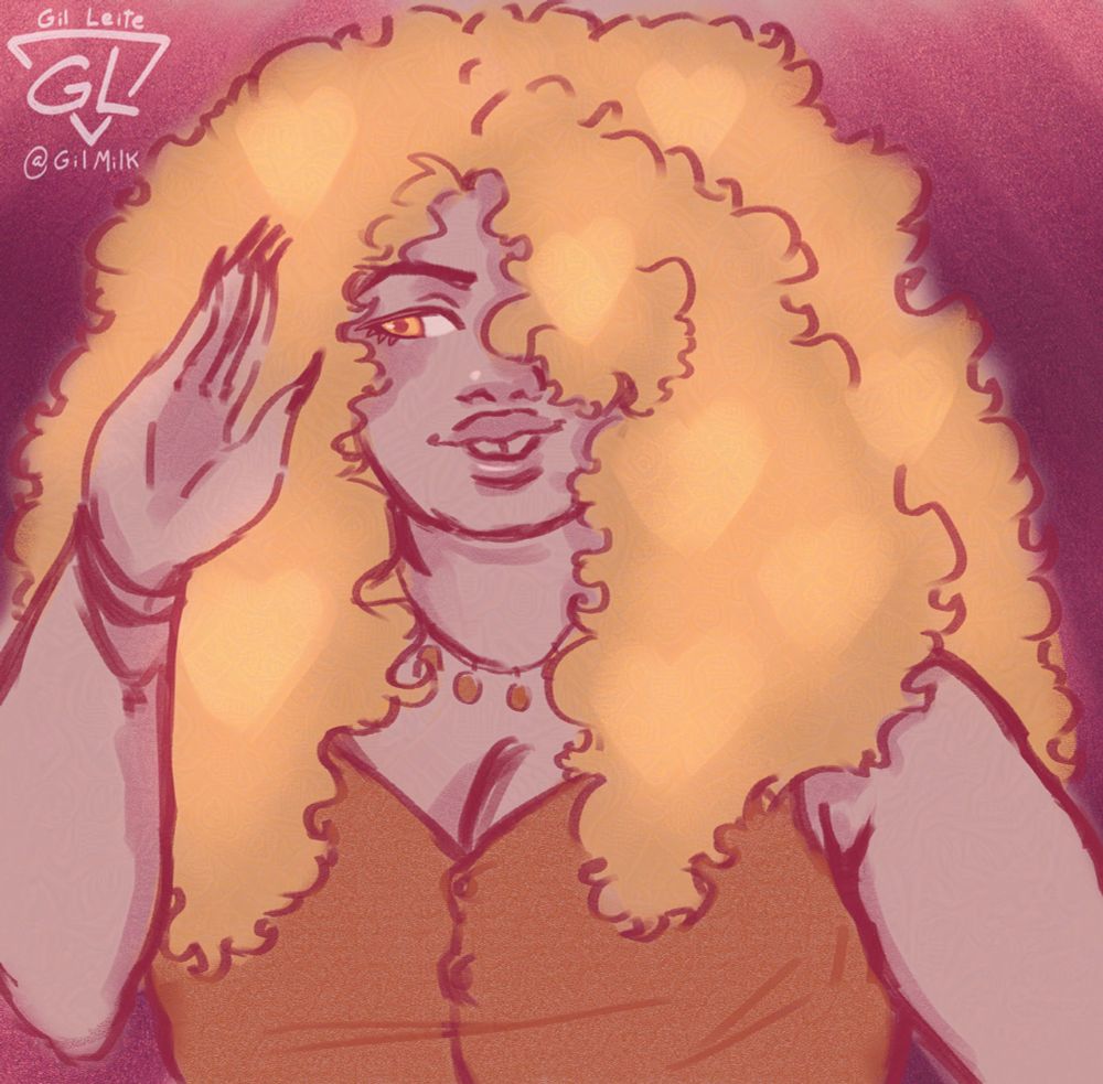 Uma pessoa de cabelo volumoso e cacheado, sorrindo e olhando para o lado enquanto acena, suas mãos exibindo longas unhas. #Art #BRart #sketch #rabisco #character