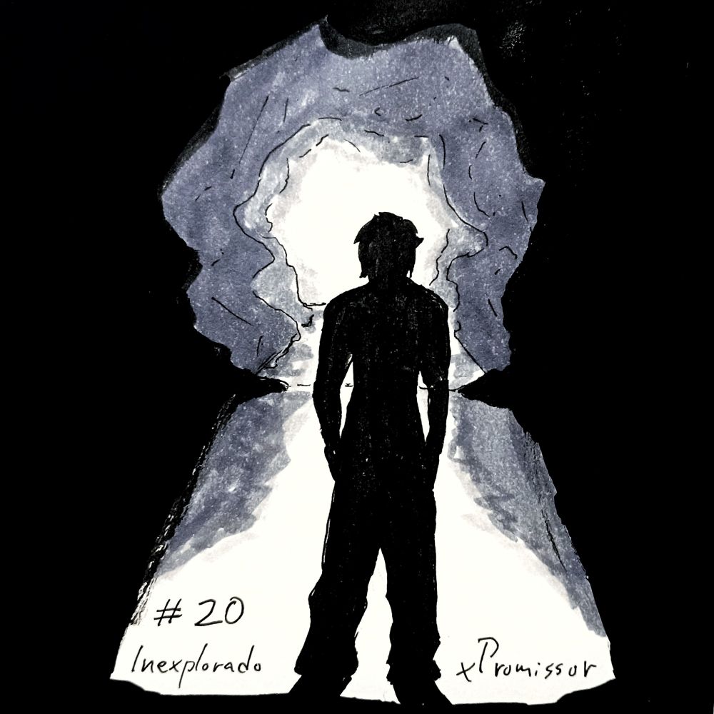 Uma silhueta humana em sombras de frente a uma saída cavernosa iluminada. #BRart #Art #Inktober2024 #Inktober #Koralletober #Koralletober2024