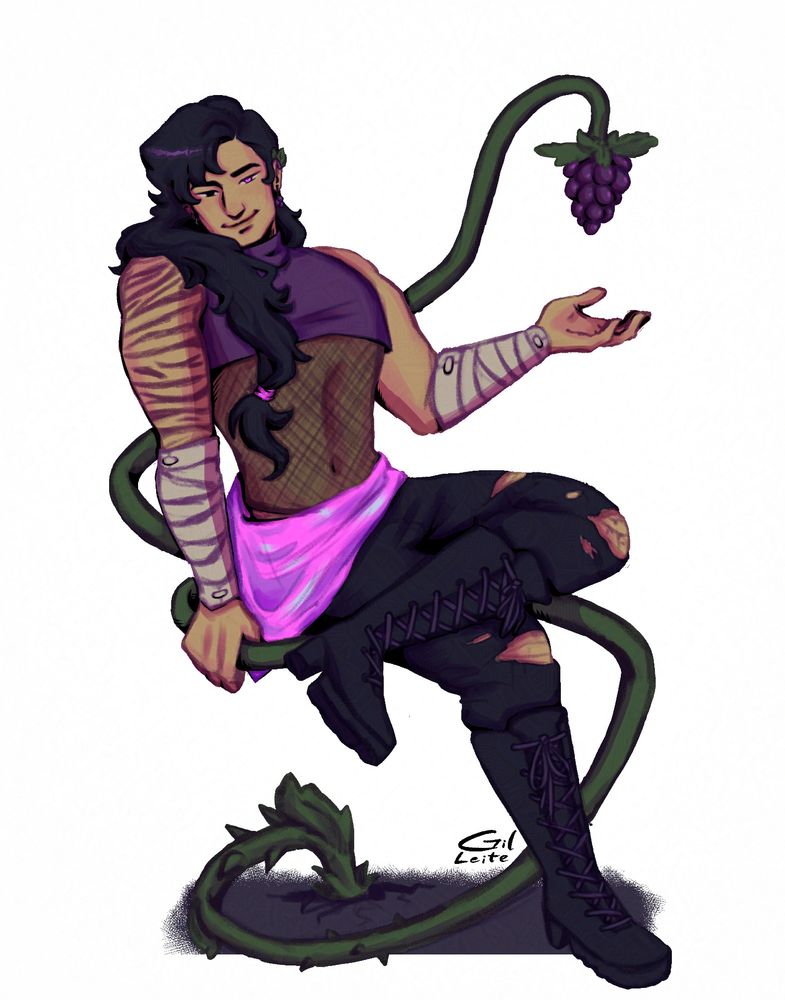 Um homem sentado em uma vinha que sai do chão e cerca ele, terminando em uma uva em seu topo, perto de sua mão aberta.