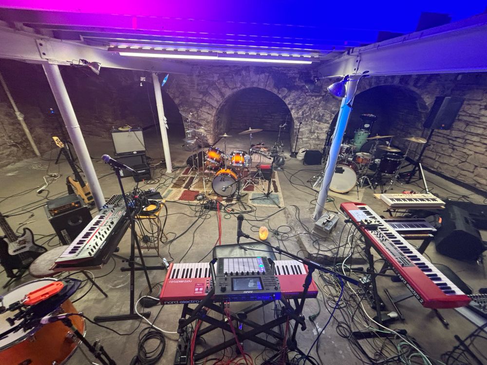 Music equipment staged before an underground show in St. Louis 