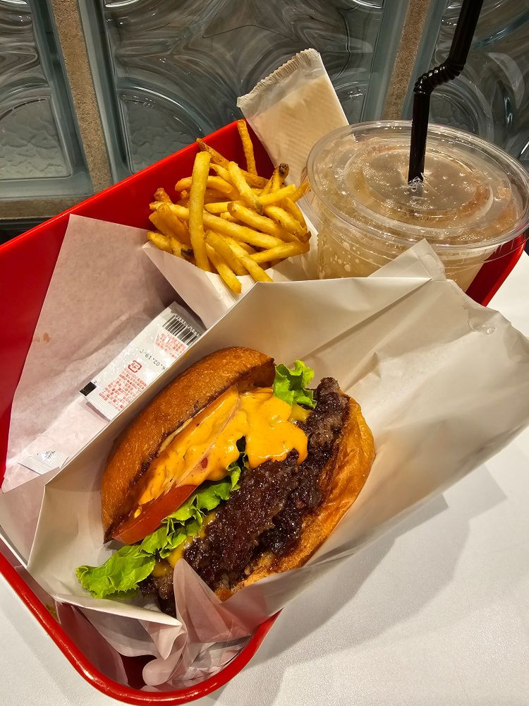 Big wagyu burger, thin-cut fries, and a ginger ale. 