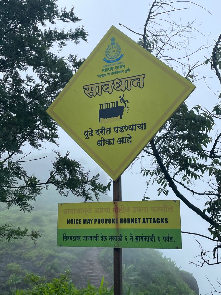 Sign overlooking cliff that says “noice may provoke hornet attacks”