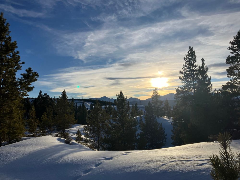 The sun sets through wispy clouds over the mountains. A set of tracks is visible in the snow, leading into a pine forest