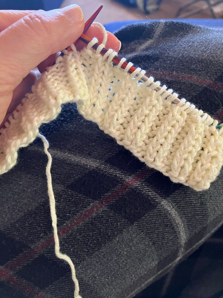 The beginning of my Zinnie Tee by Audrey Borrego. The double twisted rib is squishy and tidy and can’t wait to wear this during the hot days of August. 