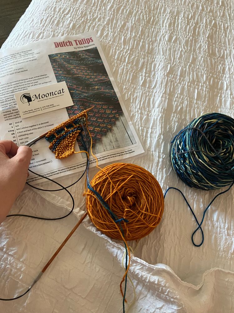 The beginnings of the Dutch Tulip pattern, featuring the business card for Mooncat Fibers in Taos. If you’re in Taos, go visit! I forgot to bring a project with me and Cathy helped me find the perfect travel project, perfect colors, and made sure my yarn was wound into tidy balls before I left. 