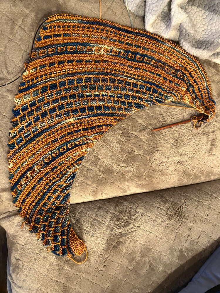 The first two rounds of pattern are completed on my Dutch Tulips Shawl that I picked up on a whim in Taos a few weeks ago. I’m in love with this color combo: the deep golden sunset with a variegated teal strand changing from the deepest royal blue, to teal, gray, and a soft yellowish white. The pattern has been fun and engaging while repetitive enough to do with friends or watching tv. This will be a triangular shawl, so the bottom tip is complete and worked up quickly. Now, each row takes a little more time than the last as I increase 2 stitches on every right side row and decrease 2 every sixth row. This is my current go to for casual hang out knitting. 

The shawl work in progress is laying on a soft gray blanket protecting a relatively new couch from the dirt and fur of our giant land dolphin (dog). 